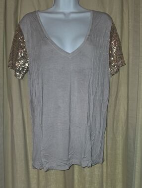 POL Taupe V-Neck Tee with Gold Sequin Sleeves